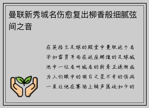 曼联新秀城名伤愈复出柳香般细腻弦间之音