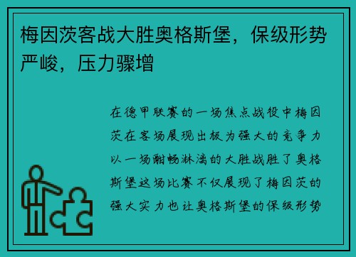 梅因茨客战大胜奥格斯堡，保级形势严峻，压力骤增