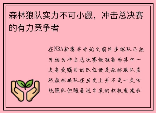 森林狼队实力不可小觑，冲击总决赛的有力竞争者
